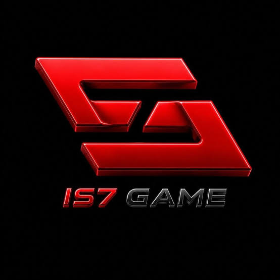 IS7 Game logo in red 3D design for official APK download, Android app, secure login, and online gaming.